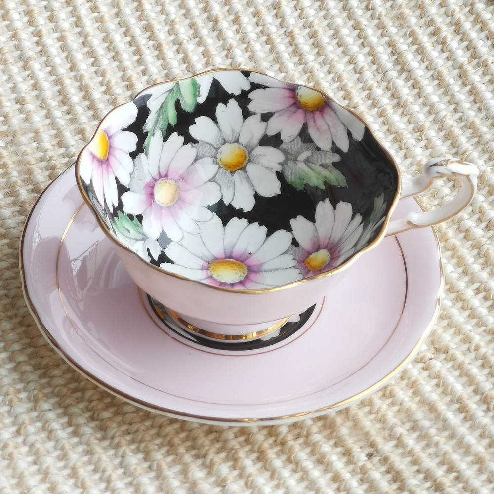PARAGON Black and Pink Floral Teacup Set